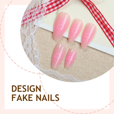 Uñas Postizas Almendra Degradado Rosa Blush Estampado Corazón Blanco Con Pestañas Adhesivas Y Lima De Uñas Para Mujer