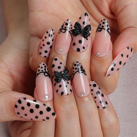 Amandel Opdruk Nagels Frans Roze Zwarte Polka Dot 3D Boog Rhinestone Kunstnagels Voor Vrouwen Manicure