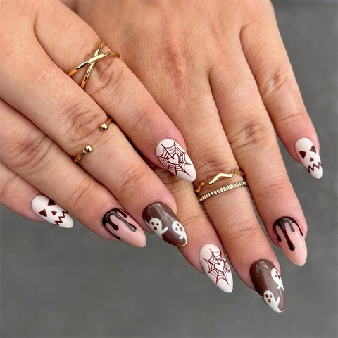 Unghie Finte Halloween Forma Mandorla Design Fantasma Ragnatela Zucca Lucido Manicure Fai Da Te Per Donne