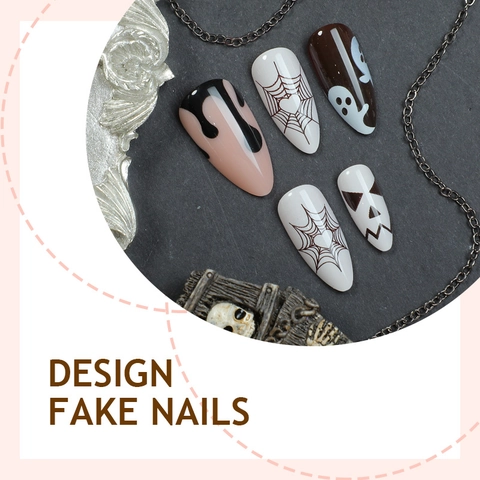 Unghie Finte Halloween Forma Mandorla Design Fantasma Ragnatela Zucca Lucido Manicure Fai Da Te Per Donne