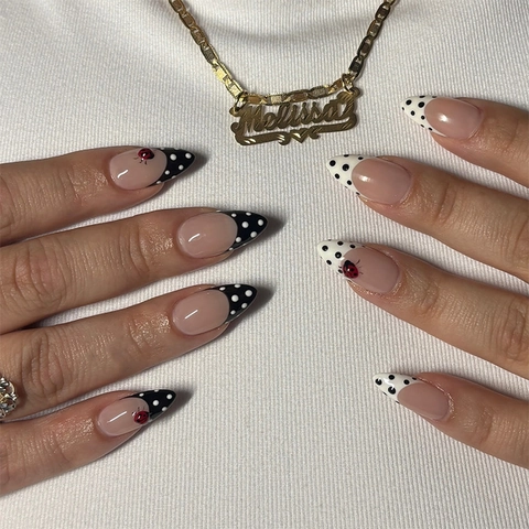 Uñas Postizas De Almendra Francesa Largas Puntos Mariquita Cereza Diseño Uñas Artificiales Para Mujeres DIY