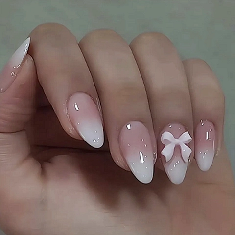 Faux Ongles Press On Dégradé Rose Brillant Forme Amande Avec Nœud 3D Manucure Style Doux Et Élégant Pour Femmes