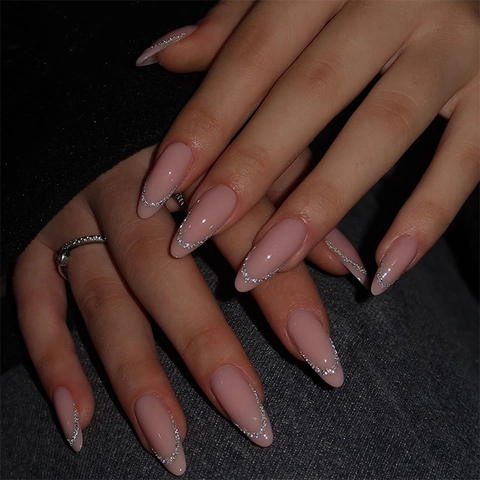 Uñas Postizas Press On Rosa Nude Con Puntas Francesas De Purpurina Plateada Forma Almendra Larga Óvalo Manicura DIY Mujer