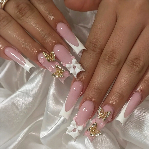 Long Coffin French Tip Press On Nails Pink White 3D Bowknot Rhinestone Butterfly Glossy Artificial Nails For Women