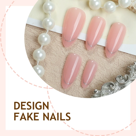 Uñas Postizas Press On Rosa Nude Con Puntas Francesas De Purpurina Plateada Forma Almendra Larga Óvalo Manicura DIY Mujer