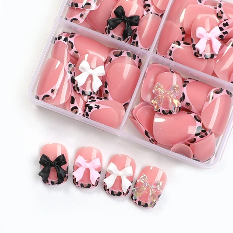 French Leopard Print Press On Nails With 3D Bow Decoration Square Fake Nails For Women Manicure Aesthetic