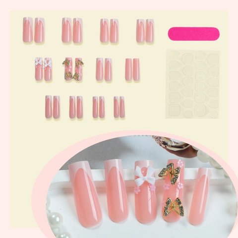 Long Coffin French Tip Press On Nails Pink White 3D Bowknot Rhinestone Butterfly Glossy Artificial Nails For Women