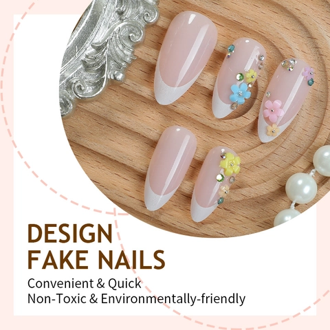 Press On Nails Französisch Weiße Spitzen 3D Harz Blumen Künstlicher Strass Mandel Süß Niedlich Künstliche Nagelspitzen