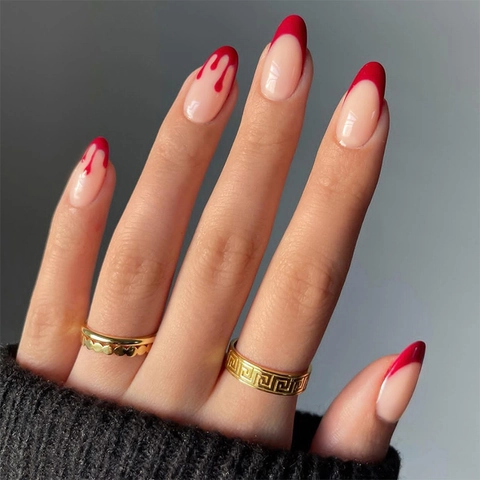 Faux Ongles Halloween Forme Amande Design Goutte De Sang Style Gothique French Artificial Nails Pour Femmes
