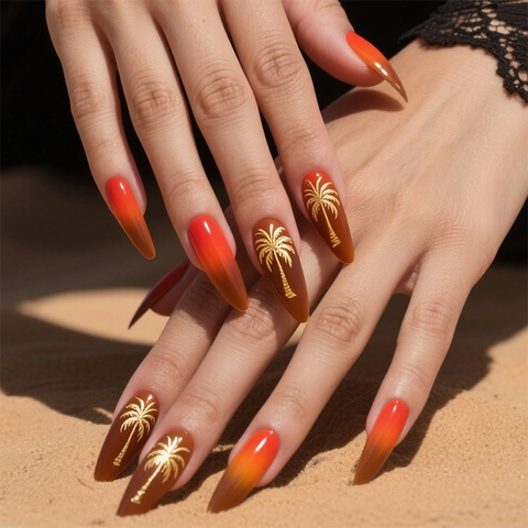 Ongles À Presser Stiletto Longs Dégradé Coucher De Soleil Orange Rouge Motif Palmier Doré Brillant Vacances D'été Manucure DIY