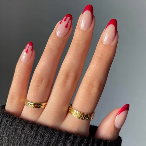 Halloween Press On Nails Motivo Goccia Di Sangue French Tip Rossa Forma Mandorla Unghie Finte Lunghe Manicure DIY Per Donne