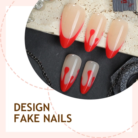 Faux Ongles Halloween Forme Amande Design Goutte De Sang Style Gothique French Artificial Nails Pour Femmes