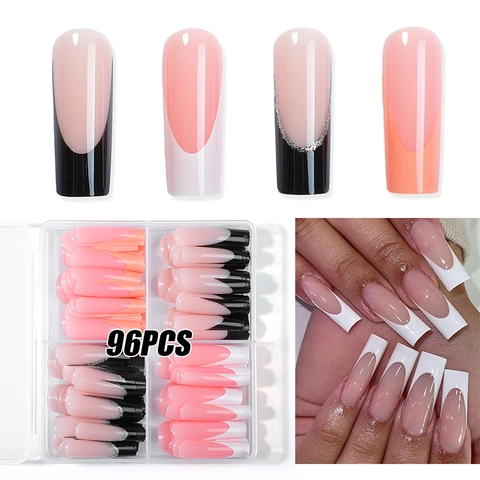 Ψεύτικα Νύχια French Tip Long Coffin Τεχνητά Νύχια Γυαλιστερό Ντεγκραντέ Για Γυναίκες Και Κορίτσια Απλό Σχέδιο