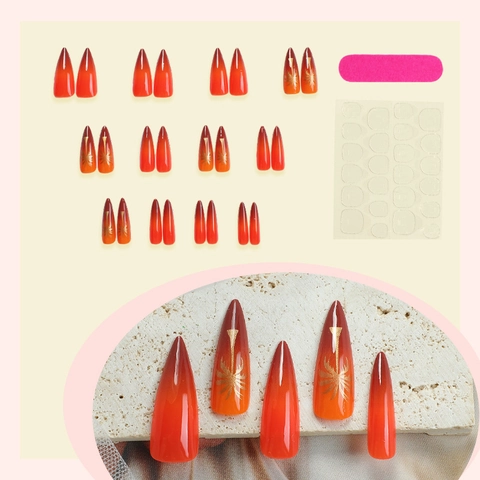 Lange Stiletto Press On Nagels Zonsondergang Gradiënt Oranje Rood Goud Palmboom Patroon Glanzend Zomervakantie DIY Manicure Nagels