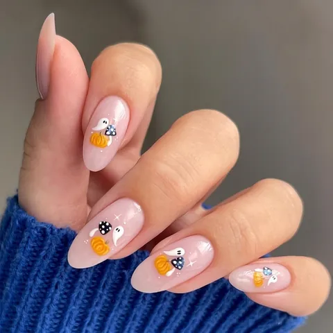 Halloween Press On Nails Almond Shape Pumpkin Ghost Pattern Glossy Fake Nails For Women Girls