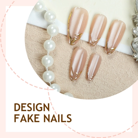 Faux Ongles Amande Design Oeil De Chat Mode Brillante Ligne Dorée Accessoires Manucure Pour Femmes