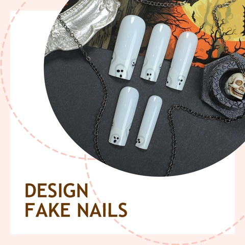 Halloween Press On Nails Long Coffin Bianco French Viso Di Fantasma Unghie Finte Opache Per Donne