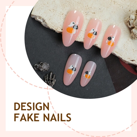 Halloween Press On Nails Almond Shape Pumpkin Ghost Pattern Glossy Fake Nails For Women Girls