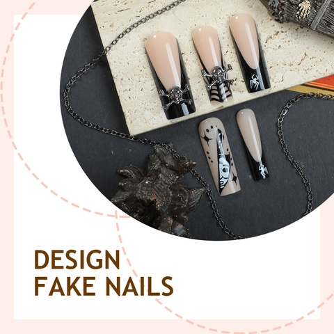 Halloween Press On Nails Gothic Black French Coffin False Nails With Metal Skull Spider Web Decorations For Women