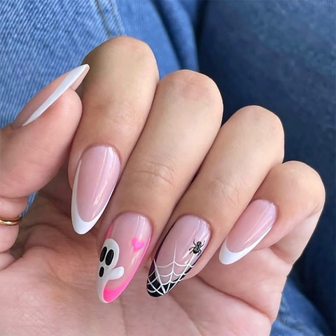 Halloween Press On Nails Almond Shape Pink French Tip Ghost Heart Spider Web Long False Nails For Women Festive