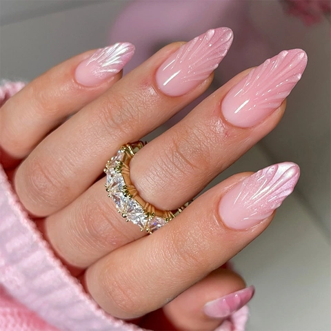 Uñas Postizas Press On Degradado Rosa Con Textura De Concha 3D Estilo Dulce Almendra Largas Desmontables