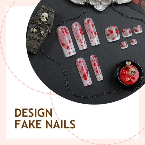 Halloween Uñas Postizas Largas Forma Ataúd Blanco Rojo Manchas Sangre Manos Pies Uñas Extraíbles Decoración Manicura