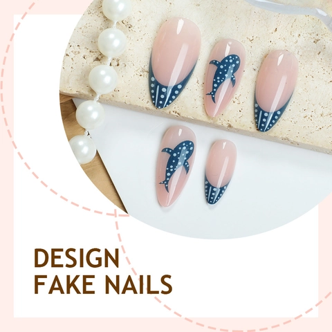 Unghie Finte da Incollare Tema Squalo Cartone Animato Forma a Mandorla Blu French Tip Pois Unghie Finte per Donna
