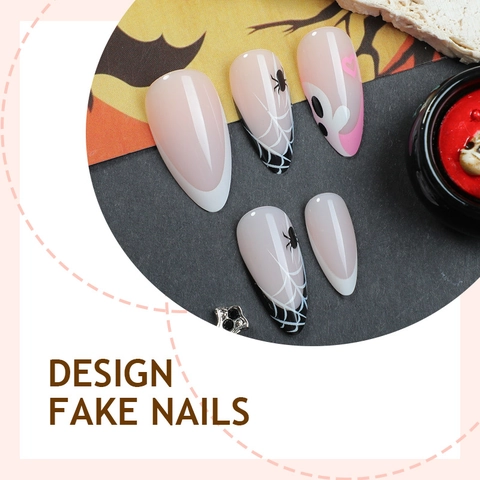 Halloween Press On Nails Almond Shape Pink French Tip Ghost Heart Spider Web Long False Nails For Women Festive