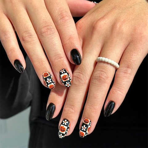 Uñas Postizas Halloween Almendra Presión Brillantes Damero Calabaza Patrones Florales Retro Estilo Francés Mujeres Accesorio