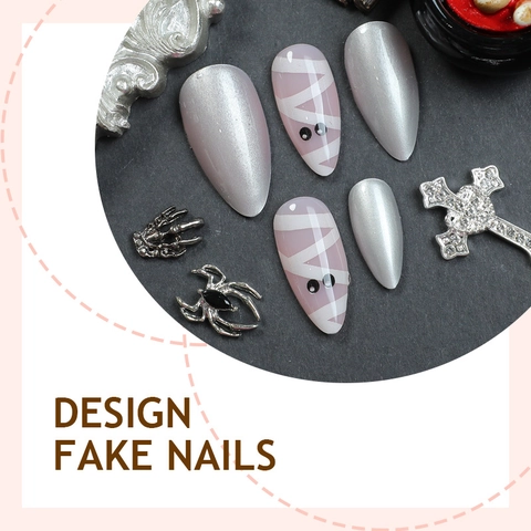 Halloween Mumie Cat Eye Press On Nails Lange Mandelform ABS Kunststoff Perlweiß Silber Gothic Party Beauty Nägel