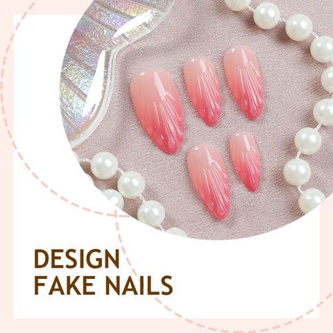 Uñas Postizas Press On Degradado Rosa Con Textura De Concha 3D Estilo Dulce Almendra Largas Desmontables