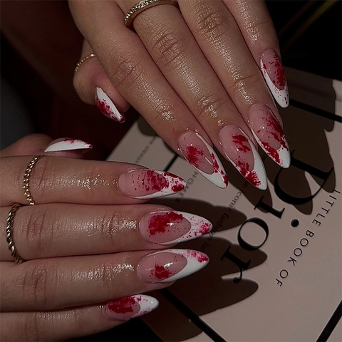 Halloween Uñas Postizas Almendra Salpicaduras Sangre Roja Terror Gótico Uñas Mujeres Con Pestañas Adhesivas Y Lima