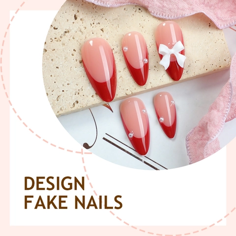 Unghie Finte Press On French Tip Rosse Con Fiocco 3D E Decorazione Di Künstliche Perle Forma Stiletto Mandorla Eleganti Unghie Artificiali