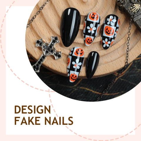 Uñas Postizas Halloween Almendra Presión Brillantes Damero Calabaza Patrones Florales Retro Estilo Francés Mujeres Accesorio