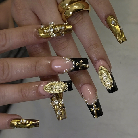Press On Nails Long Pipe 3D Cross Artificial Pearl Embossed Gothic Retro Gold Black Luxury Manicure Accessories For Women