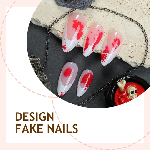 Halloween Uñas Postizas Almendra Salpicaduras Sangre Roja Terror Gótico Uñas Mujeres Con Pestañas Adhesivas Y Lima