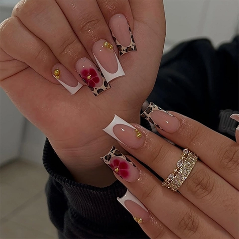 Long Square Press On Nails Leopard Print Red Flower Gold Beads French Style Full Cover False Nails For Women