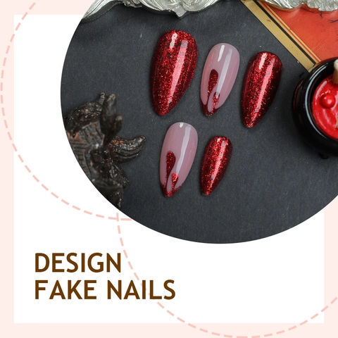 Unghie Finte Halloween Mandorla Stiletto Motivo Goccia Di Sangue Glitter Rossi Stile Francese Unghie Artificiali Per Donne