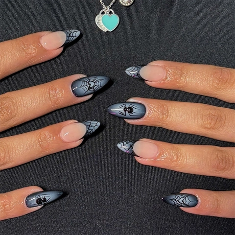 Uñas Postizas Halloween Almendra Diseño Telaraña French Tip Ojo De Gato Uñas Postizas Para Mujeres Niñas