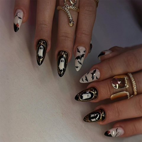 Halloween Press On Nails 3D Gilded Ghost Bat Pumpkin Pattern Almond Shape Glossy Gothic False Nails For Women Festive