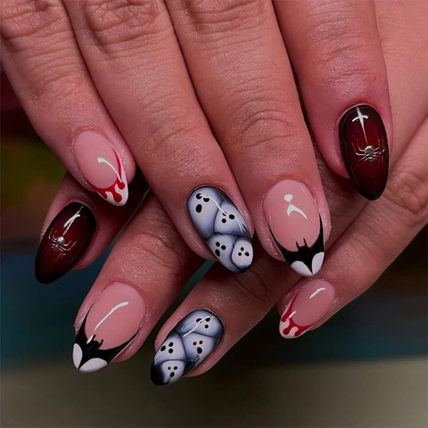 Halloween Press On Nails Αμύγδαλο Ψεύτικα Νύχια Γοτθικό Αράχνη Φάντασμα Νυχτερίδα Μοτίβα Γαλλικό Στυλ Μανικιούρ Τεχνητά Νύχια