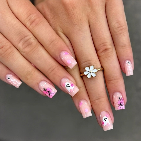 Halloween Press On Nails Rosa Cartoon Geist Kürbis Skelett Mittelquadratisch Künstliche Falsche Nägel