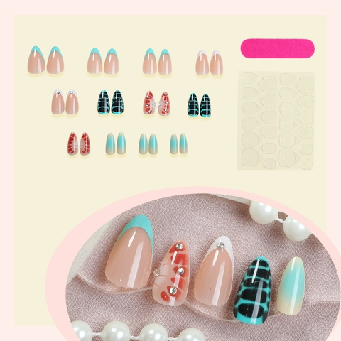 Unghie Finte A Mandorla In Plastica ABS French Tips Motivo Farfalla Fiore Sfumato Strass Manicure Per Donne