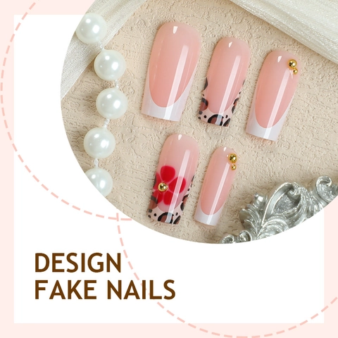 Long Square Press On Nails Leopard Print Red Flower Gold Beads French Style Full Cover False Nails For Women