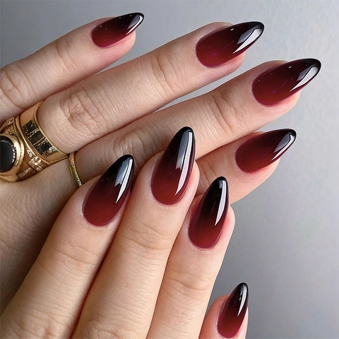 Unghie Finte A Pressione Sfumate Rosso Nero Forma Mandorla Lunga Lucide Con Schede Adesive E Lima