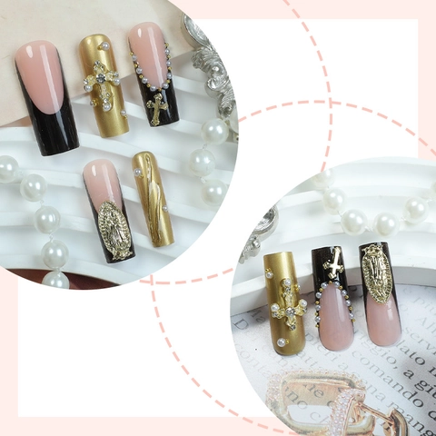 Press On Nails Long Pipe 3D Cross Artificial Pearl Embossed Gothic Retro Gold Black Luxury Manicure Accessories For Women