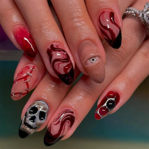 Halloween Press On Nails Gotico Orrore Teschio Occhio Sangue Rosso Nero Unghie Finte Manicure Per Donne