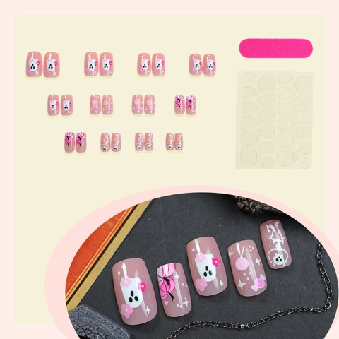 Halloween Press On Nails Rosa Cartoon Geist Kürbis Skelett Mittelquadratisch Künstliche Falsche Nägel