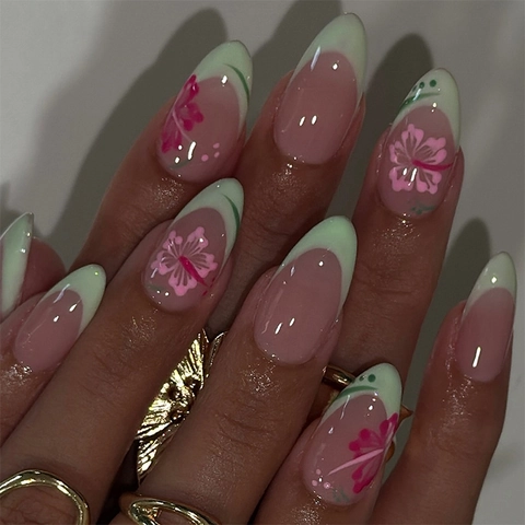 Press On Nagels French Tip Amandelvorm Muntgroen Floraal Hibiscus Patroon Glanzende Kunstnagels Voor Dames