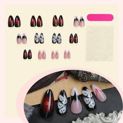 Halloween Press On Nails Αμύγδαλο Ψεύτικα Νύχια Γοτθικό Αράχνη Φάντασμα Νυχτερίδα Μοτίβα Γαλλικό Στυλ Μανικιούρ Τεχνητά Νύχια